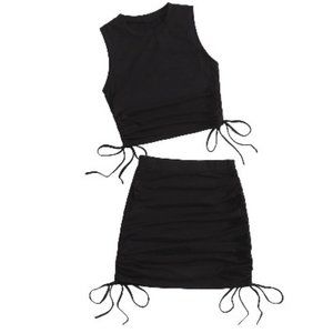 Black Ruched Side Crop Top Skirt Set